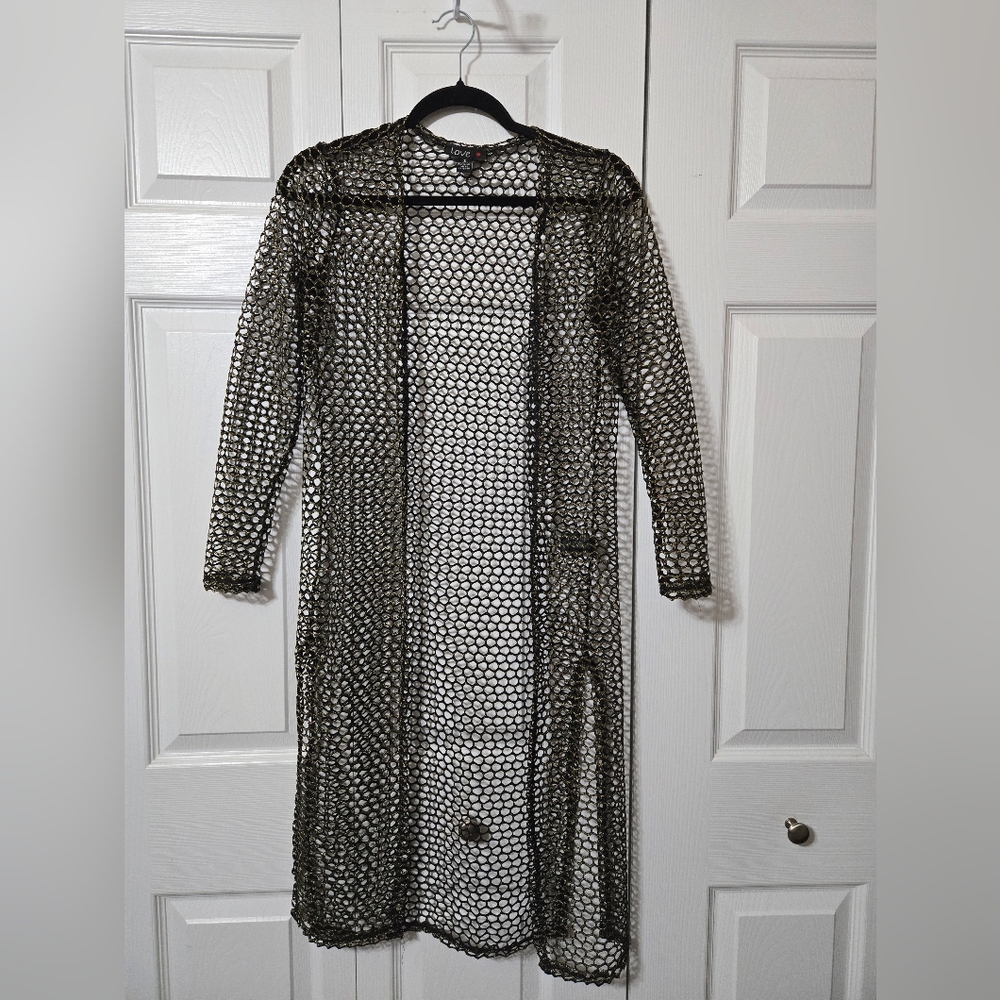 Black & Gold Mesh Fence net Robe, Cardigan, Swim Cover-up, Small, Fishnet